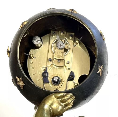 ANTIQUE FRENCH ORMOLU BRONZE MARBLE FIGURAL GLOBE CLOCK CLEANED SERVICED - ADDITIONAL PHOTO 11
