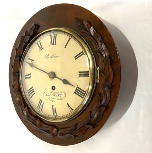 ANTIQUE 8 INCH CONVEX DIAL CARVED MAHOGANY FUSEE WALL CLOCK BALBIANI BROOKLEY - ADDITIONAL PHOTO 2