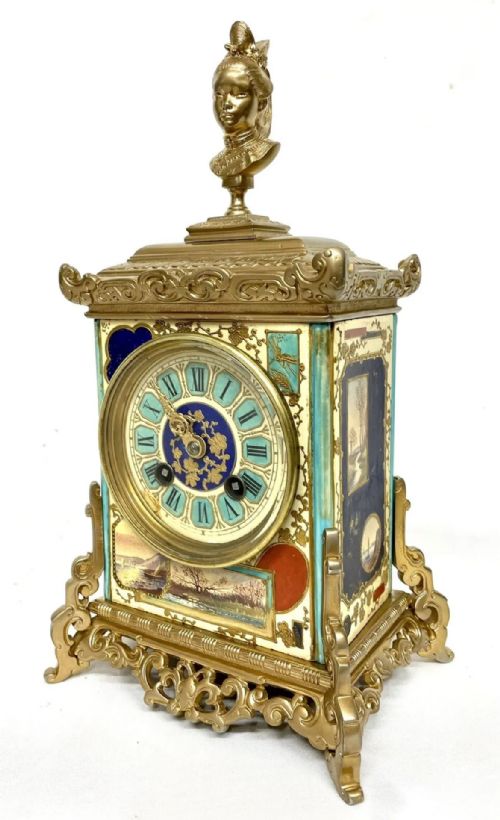 fig 1. Antique French Painted Gilt Porcelain Aesthetic Movement Japonisme Mantel Clock
