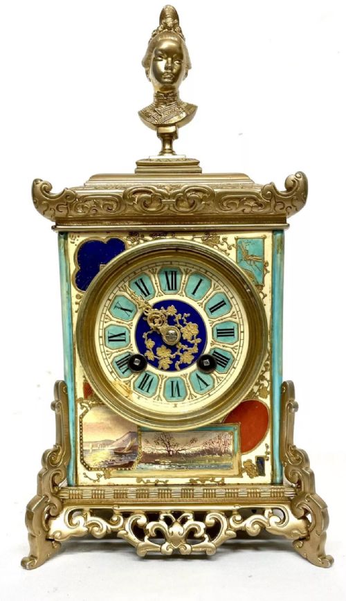 fig 2. Antique French Painted Gilt Porcelain Aesthetic Movement Japonisme Mantel Clock