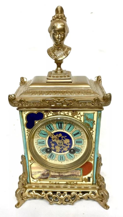 fig 3. Antique French Painted Gilt Porcelain Aesthetic Movement Japonisme Mantel Clock