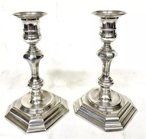 PAIR SILVER CANDLESTICKS EARLY GEORGIAN STYLE JAMES DIXON SONS SHEFFIELD 1969 - ADDITIONAL PHOTO 2