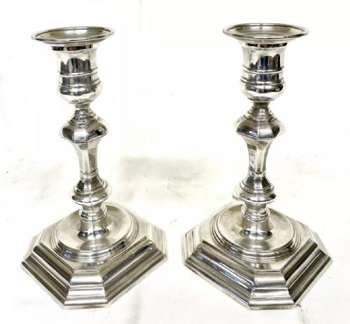 PAIR SILVER CANDLESTICKS EARLY GEORGIAN STYLE JAMES DIXON SONS SHEFFIELD 1969 - ADDITIONAL PHOTO 3