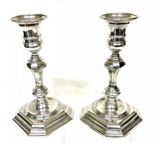 PAIR SILVER CANDLESTICKS EARLY GEORGIAN STYLE JAMES DIXON SONS SHEFFIELD 1969 - ADDITIONAL PHOTO 4