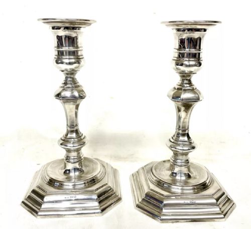PAIR SILVER CANDLESTICKS EARLY GEORGIAN STYLE JAMES DIXON SONS SHEFFIELD 1969 - ADDITIONAL PHOTO 5