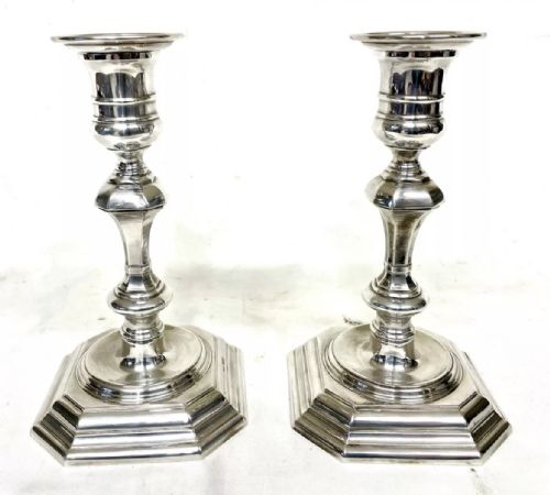 PAIR SILVER CANDLESTICKS EARLY GEORGIAN STYLE JAMES DIXON SONS SHEFFIELD 1969 - ADDITIONAL PHOTO 6