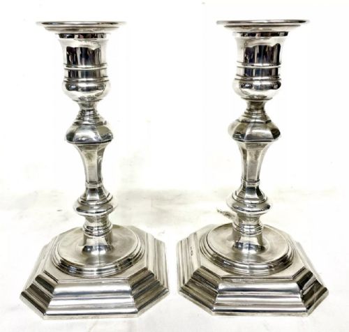 PAIR SILVER CANDLESTICKS EARLY GEORGIAN STYLE JAMES DIXON SONS SHEFFIELD 1969 - ADDITIONAL PHOTO 8