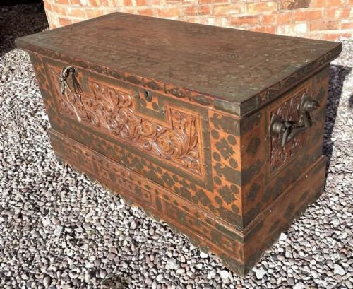 fig 1. Antique Zanzibar Omani Carved & Brass Inlaid Dowry Chest Trunk with Locks & Keys