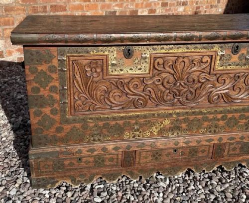 fig 2. Antique Zanzibar Omani Carved & Brass Inlaid Dowry Chest Trunk with Locks & Keys