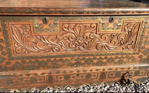fig 3. Antique Zanzibar Omani Carved & Brass Inlaid Dowry Chest Trunk with Locks & Keys