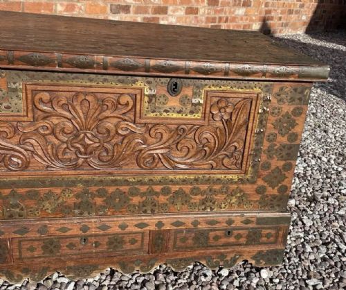 fig 4. Antique Zanzibar Omani Carved & Brass Inlaid Dowry Chest Trunk with Locks & Keys