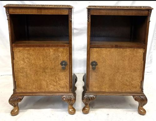 PAIR ANTIQUE BURR WALNUT BEDSIDE CABINETS BEDSIDES NIGHTSTANDS QUEEN ANNE STYLE - ADDITIONAL PHOTO 1