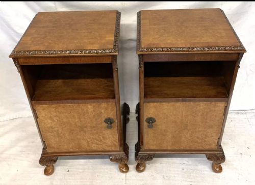 PAIR ANTIQUE BURR WALNUT BEDSIDE CABINETS BEDSIDES NIGHTSTANDS QUEEN ANNE STYLE - ADDITIONAL PHOTO 2