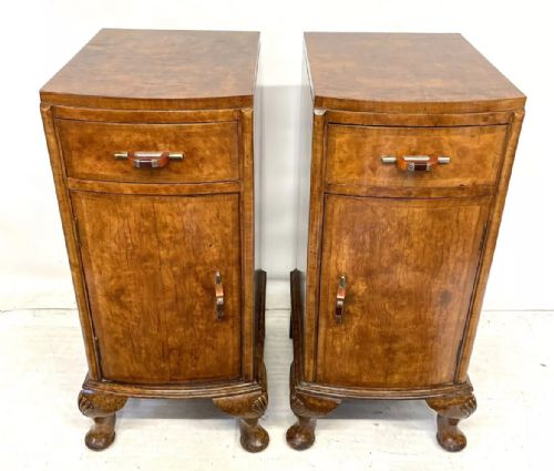 PAIR ANTIQUE ART DECO BURR WALNUT BEDSIDE CABINETS NIGHTSTANDS LAMP STANDS - ADDITIONAL PHOTO 1
