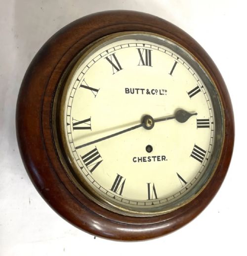 ANTIQUE RARE 8 INCH DIAL FUSEE MAHOGANY WALL SCHOOL CLOCK BUTT CO LTD CHESTER