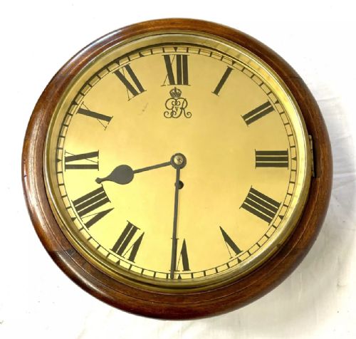 Authentic Antique Mahogany George V Fusee Wall School Clock with Rare Brass Dial