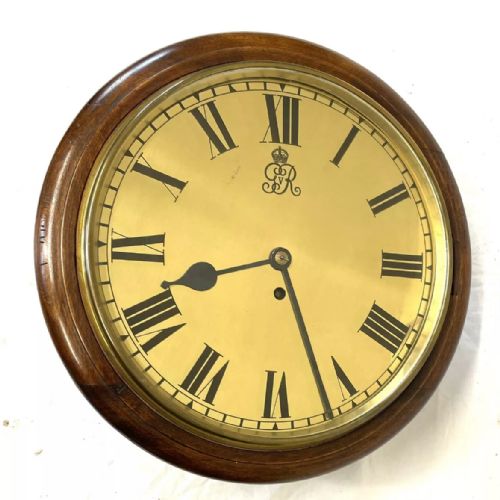 fig 3. Authentic Antique Mahogany GEORGE V Fusee Wall School Clock with Rare Brass Dial