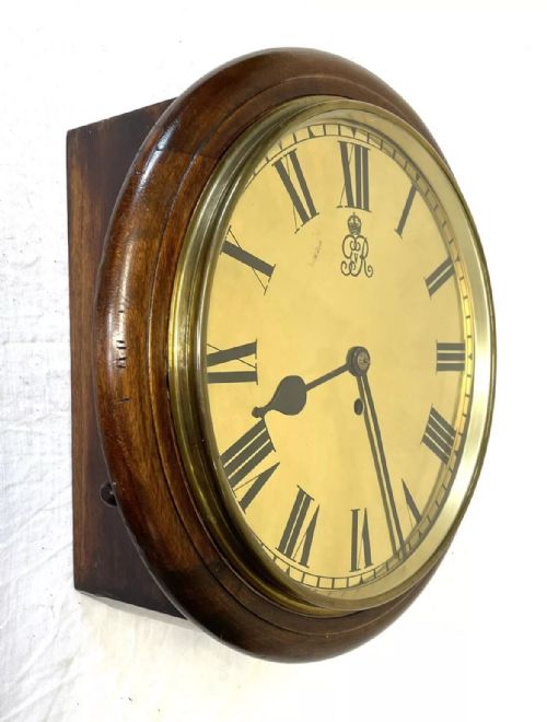 fig 4. Authentic Antique Mahogany GEORGE V Fusee Wall School Clock with Rare Brass Dial