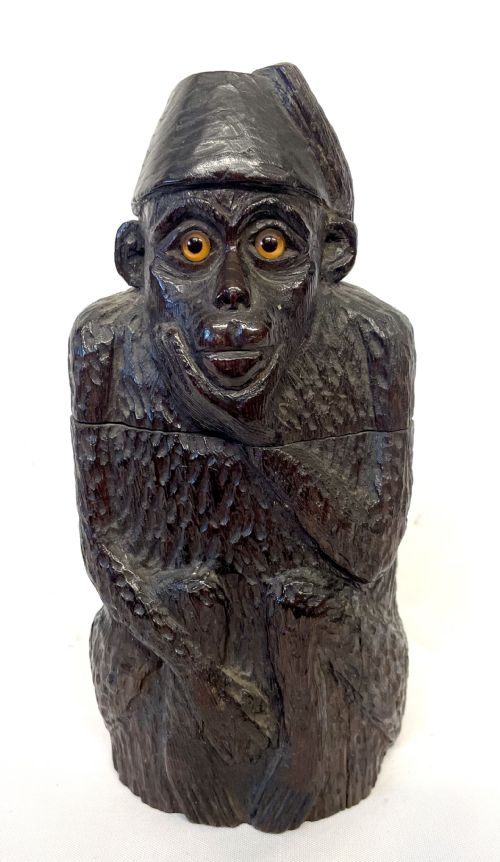fig 1. Antique Black Forest Carved Wooden Monkey with Glass Eyes Tobacco Jar / Casket