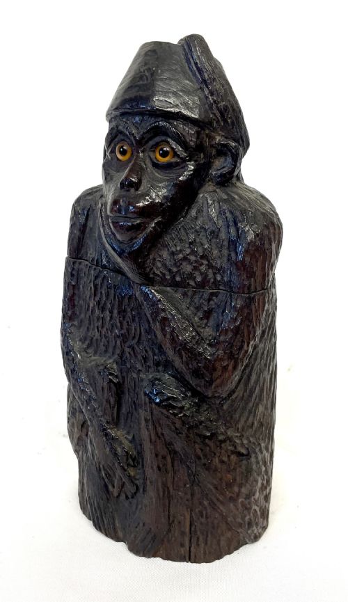 fig 2. Antique Black Forest Carved Wooden Monkey with Glass Eyes Tobacco Jar / Casket