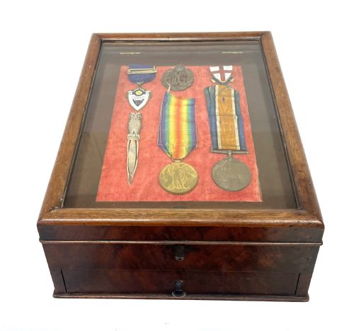 fig 1. Antique Mahogany Glass Display Cabinet Case Collectibles Coins Medals