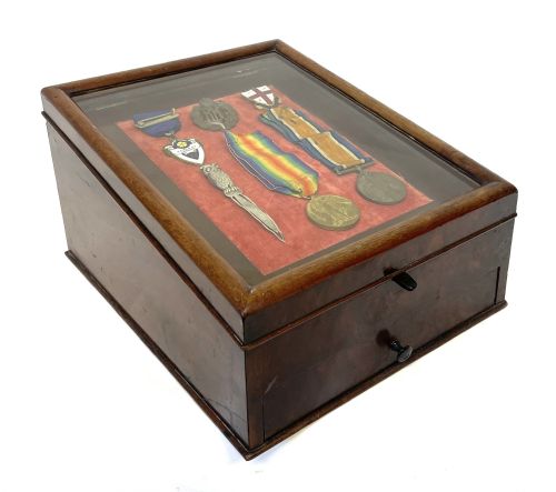 fig 2. Antique Mahogany Glass Display Cabinet Case Collectibles Coins Medals