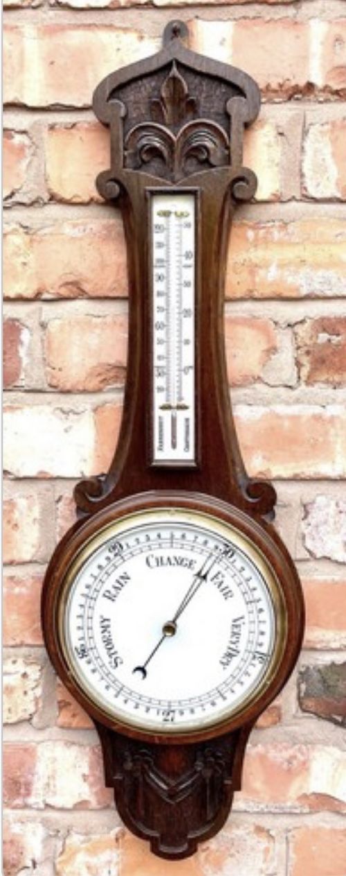 GRAND ANTIQUE CARVED OAK ANEROID BANJO BAROMETER CHADBURNS CASTLE ST LIVERPOOL