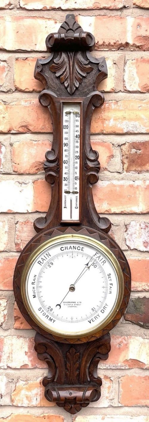 GRAND ANTIQUE CARVED OAK ANEROID BANJO BAROMETER CHADBURNS CASTLE ST LIVERPOOL - ADDITIONAL PHOTO 1