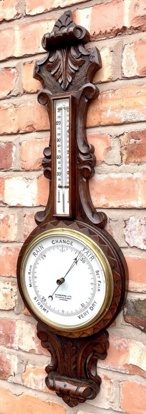 GRAND ANTIQUE CARVED OAK ANEROID BANJO BAROMETER CHADBURNS CASTLE ST LIVERPOOL - ADDITIONAL PHOTO 2