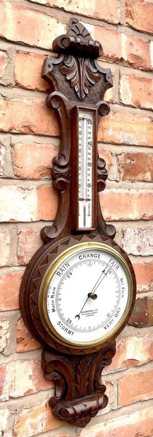GRAND ANTIQUE CARVED OAK ANEROID BANJO BAROMETER CHADBURNS CASTLE ST LIVERPOOL - ADDITIONAL PHOTO 3