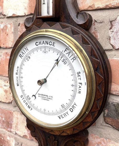 GRAND ANTIQUE CARVED OAK ANEROID BANJO BAROMETER CHADBURNS CASTLE ST LIVERPOOL - ADDITIONAL PHOTO 11