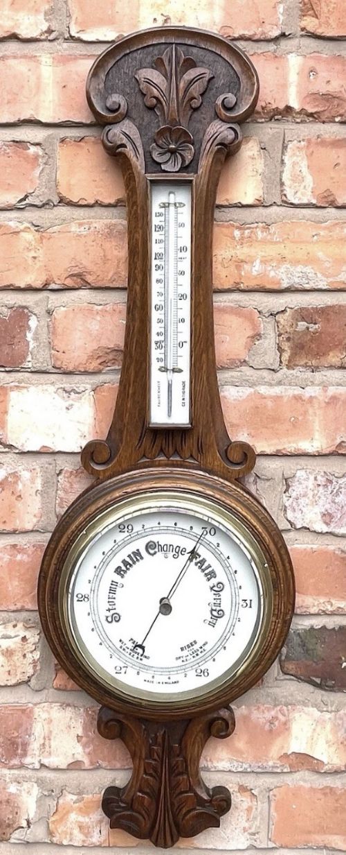 ANTIQUE CARVED OAK ANEROID BANJO BAROMETER THERMOMETER MADE IN ENGLAND D5