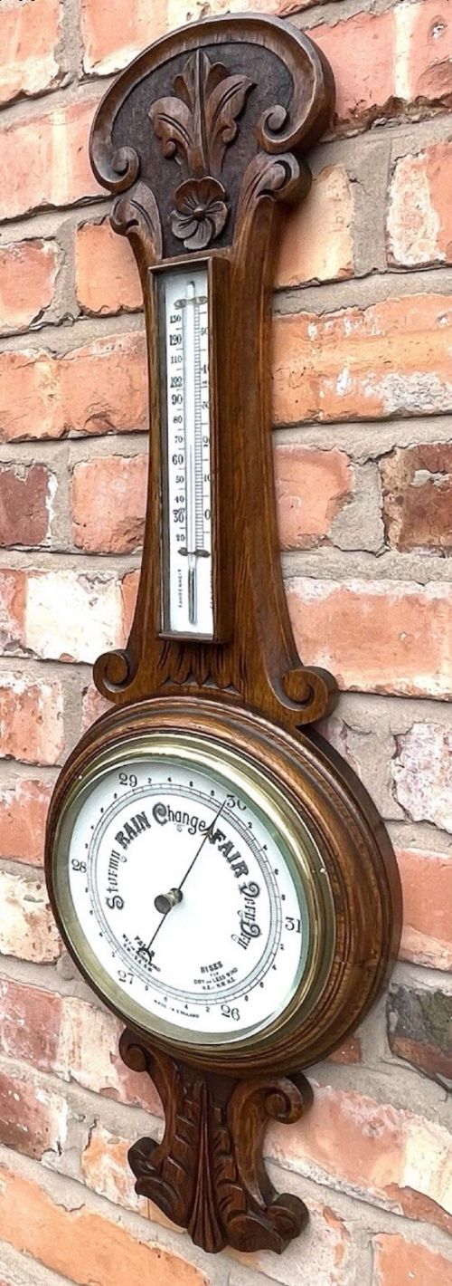 ANTIQUE CARVED OAK ANEROID BANJO BAROMETER THERMOMETER MADE IN ENGLAND D5 - ADDITIONAL PHOTO 1