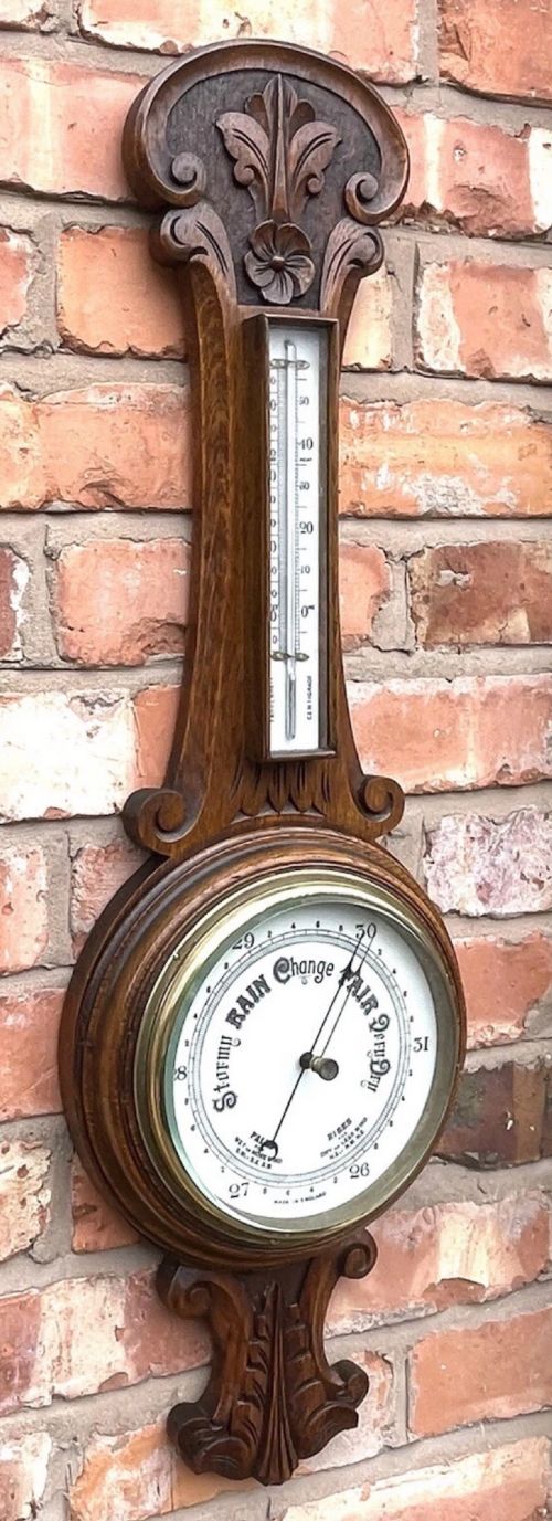 ANTIQUE CARVED OAK ANEROID BANJO BAROMETER THERMOMETER MADE IN ENGLAND D5 - ADDITIONAL PHOTO 2