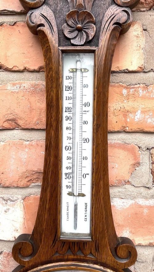 ANTIQUE CARVED OAK ANEROID BANJO BAROMETER THERMOMETER MADE IN ENGLAND D5 - ADDITIONAL PHOTO 6