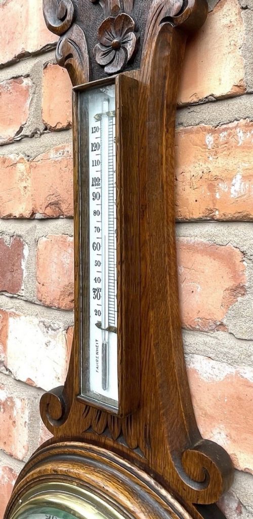 ANTIQUE CARVED OAK ANEROID BANJO BAROMETER THERMOMETER MADE IN ENGLAND D5 - ADDITIONAL PHOTO 7