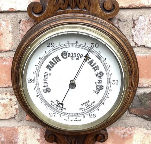 ANTIQUE CARVED OAK ANEROID BANJO BAROMETER THERMOMETER MADE IN ENGLAND D5 - ADDITIONAL PHOTO 8