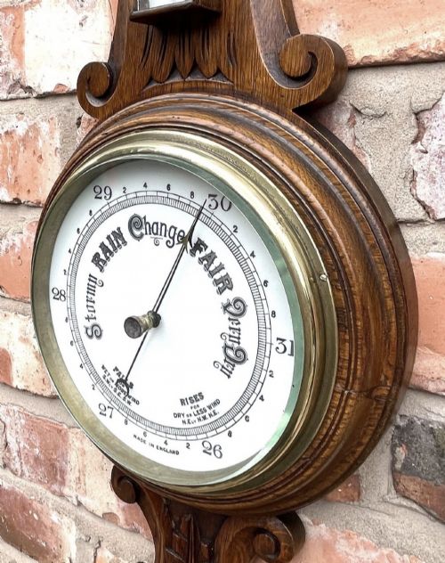 ANTIQUE CARVED OAK ANEROID BANJO BAROMETER THERMOMETER MADE IN ENGLAND D5 - ADDITIONAL PHOTO 9
