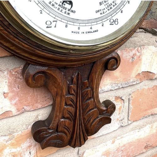 ANTIQUE CARVED OAK ANEROID BANJO BAROMETER THERMOMETER MADE IN ENGLAND D5 - ADDITIONAL PHOTO 12