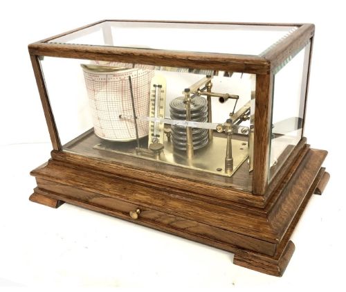 ANTIQUE OAK CASED BAROGRAPH WITH THERMOMETER BEVELLED GLASS AND CHART DRAWER