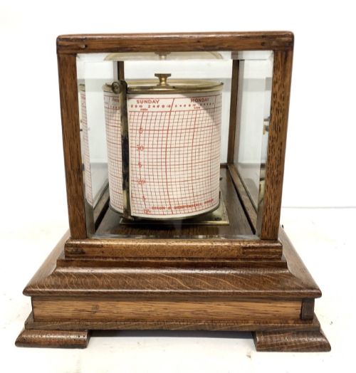 ANTIQUE OAK CASED BAROGRAPH WITH THERMOMETER BEVELLED GLASS AND CHART DRAWER - ADDITIONAL PHOTO 3