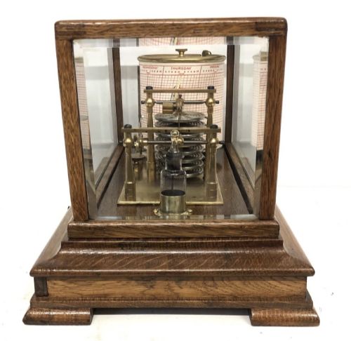 ANTIQUE OAK CASED BAROGRAPH WITH THERMOMETER BEVELLED GLASS AND CHART DRAWER - ADDITIONAL PHOTO 4