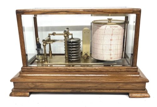 ANTIQUE OAK CASED BAROGRAPH WITH THERMOMETER BEVELLED GLASS AND CHART DRAWER - ADDITIONAL PHOTO 5