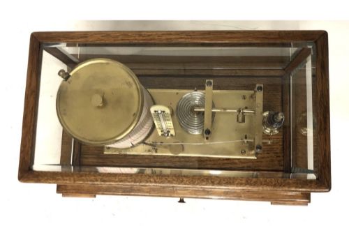 ANTIQUE OAK CASED BAROGRAPH WITH THERMOMETER BEVELLED GLASS AND CHART DRAWER - ADDITIONAL PHOTO 6