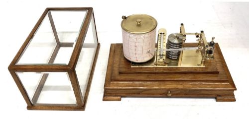 ANTIQUE OAK CASED BAROGRAPH WITH THERMOMETER BEVELLED GLASS AND CHART DRAWER - ADDITIONAL PHOTO 7