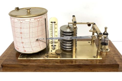 ANTIQUE OAK CASED BAROGRAPH WITH THERMOMETER BEVELLED GLASS AND CHART DRAWER - ADDITIONAL PHOTO 8