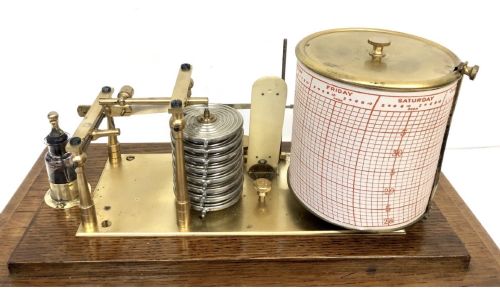ANTIQUE OAK CASED BAROGRAPH WITH THERMOMETER BEVELLED GLASS AND CHART DRAWER - ADDITIONAL PHOTO 10