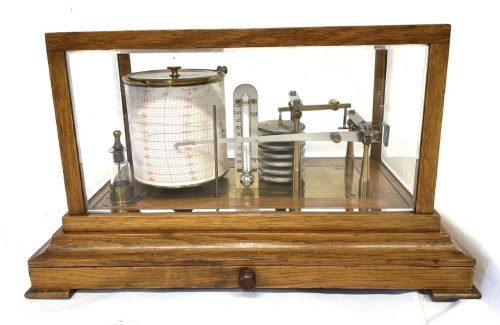 ANTIQUE OAK CASED BAROGRAPH WITH THERMOMETER BEVELLED GLASS AND CHART DRAWER