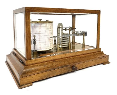 ANTIQUE OAK CASED BAROGRAPH WITH THERMOMETER BEVELLED GLASS AND CHART DRAWER - ADDITIONAL PHOTO 2