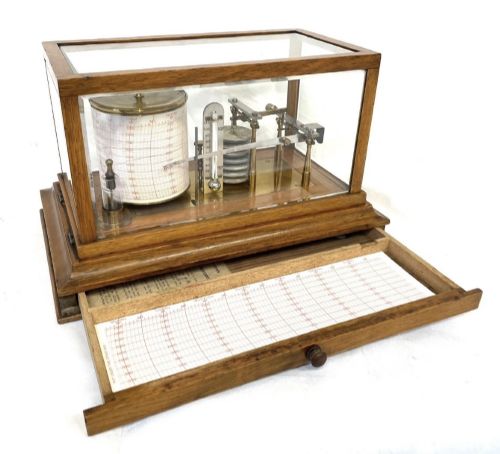 ANTIQUE OAK CASED BAROGRAPH WITH THERMOMETER BEVELLED GLASS AND CHART DRAWER - ADDITIONAL PHOTO 4